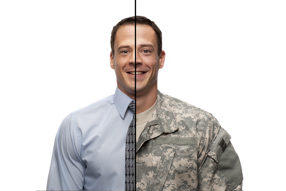 Smiling Man in half civilian and half military clothing